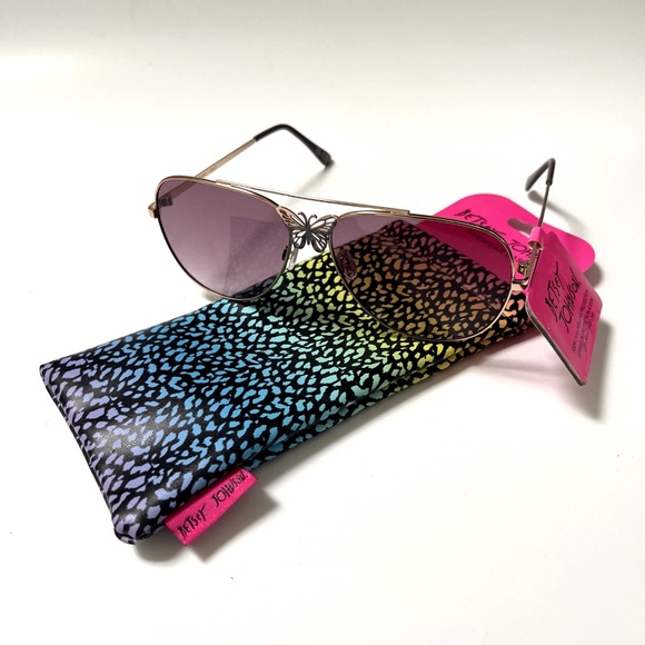 New Original BETSEY JOHNSON Butterfly Aviator Sunglasses + Pouch Gold Metal - Picture 2 of 8